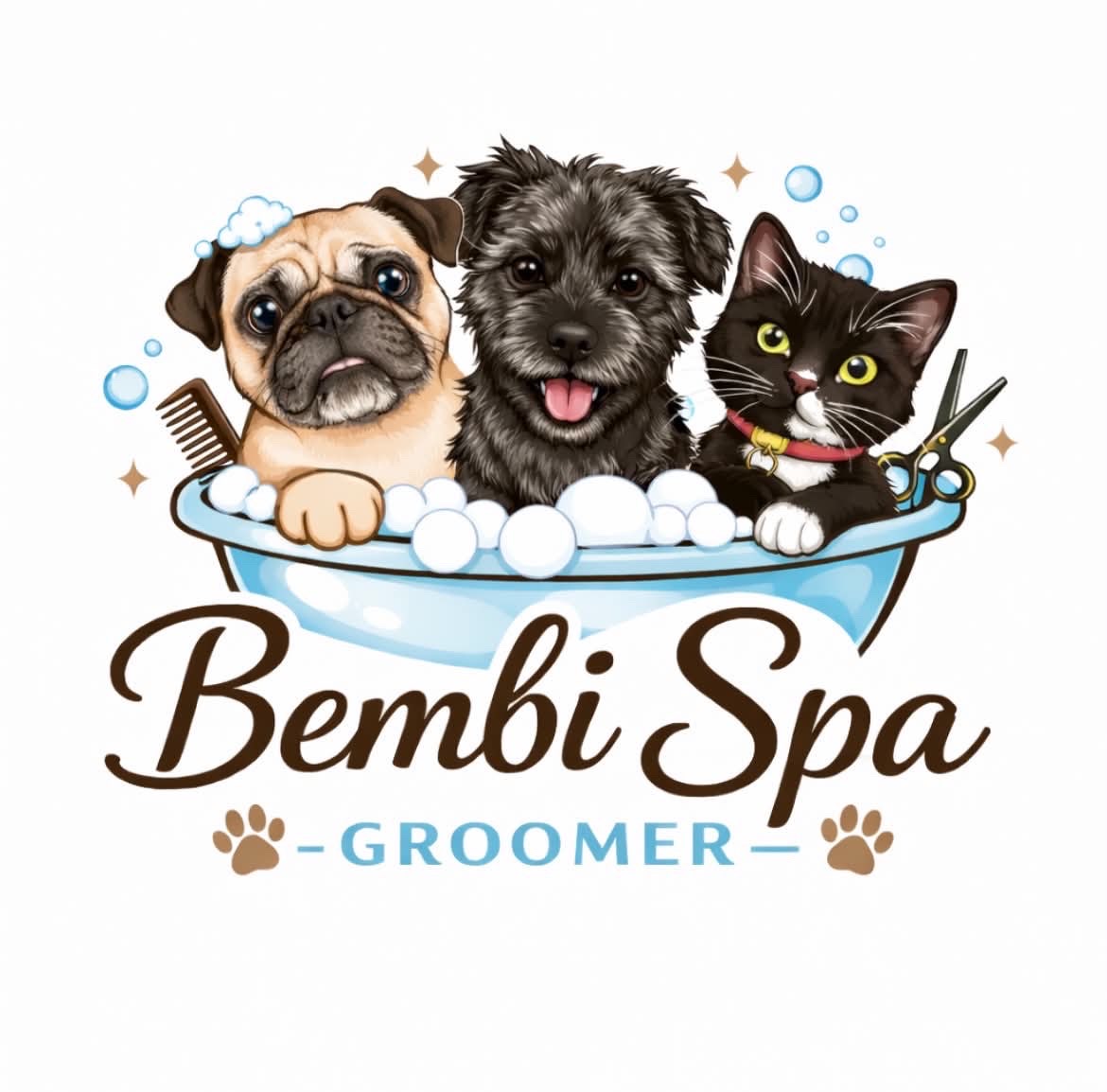 Bembi Spa Groomer logotipas – šunys ir katė vonelėje su burbuliukais
